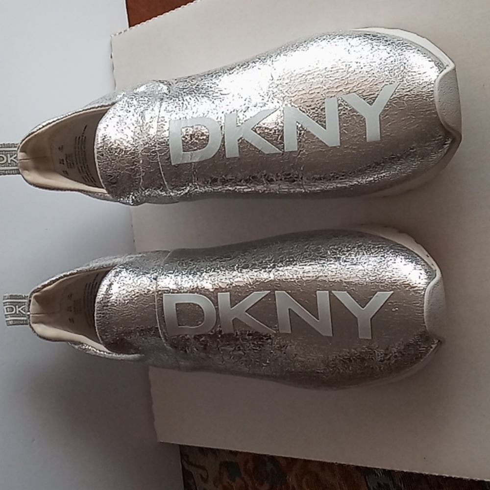 Silver DKNY metallic slip on ladies sneaker